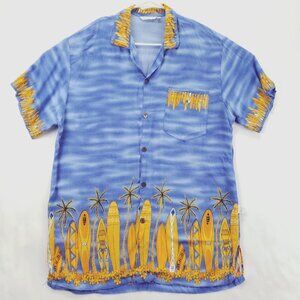 VLVWATV Shirt Men XL Blue Yellow Hawaiian Camp Surfboards Button-Up